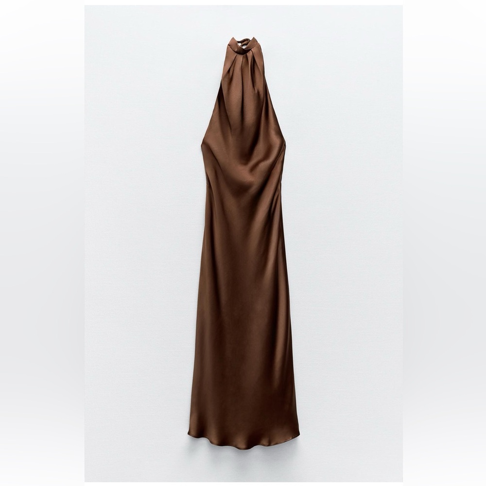 Zara open back satin dress brown